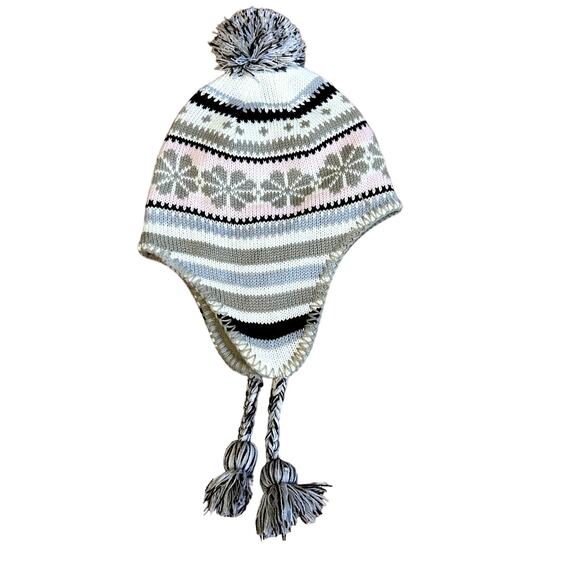 Faded Glory Vintage Nordic Print Beanie Fleece Lined One Size Pastel Pom Pom y2k - Picture 1 of 4